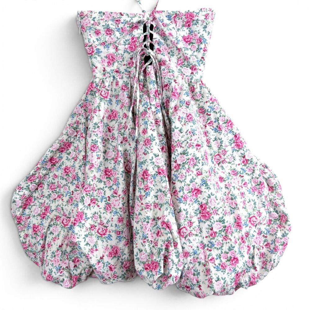 mable floral corset bodice mini bubble hem fairycore white, pink women's dress S - Picture 3 of 7
